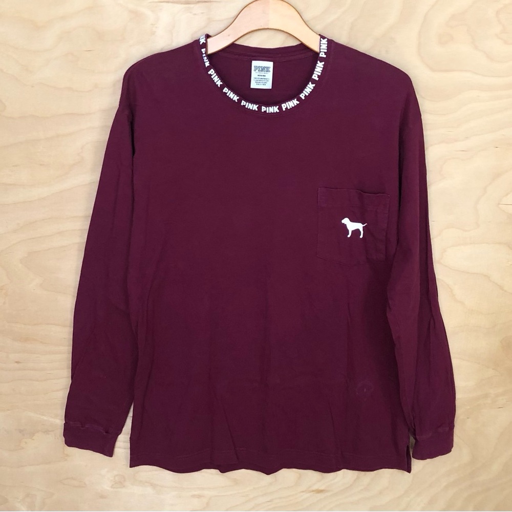 PINK VS Maroon Long Sleeve Sweatshirt Dog Logo Chest Pocket Womens Sz M.
